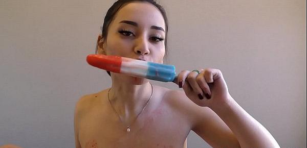  18 Year Old Aria Lee Trying To Give Blowjobs To Huge Popsicles So She Can Learn How To Handle Giant Cocks In Her Mouth